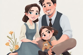 draw disney cartoon style couple,family,pet cartoon portrait