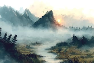 paint watercolor landscape with mountains, sea, yachts