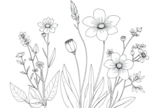 draw botanical line art illustration flower, plant, fruits