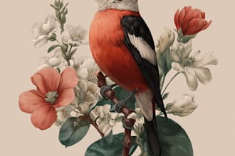 illustrate botanical and animal linocut vector illustration