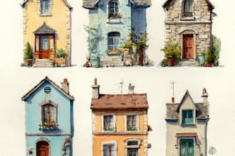 draw digital watercolor house and building illustrations