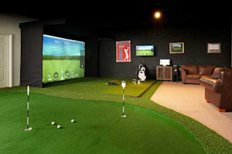 virtual golf simulator,ceiling layout,golf cart,parking lot, indoor golf, resort