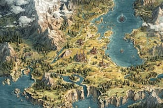 do line art fantasy map illustration