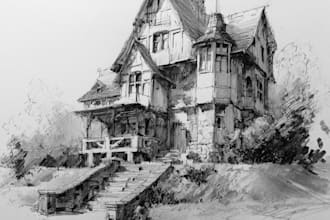draw a detailed pen and ink sketch of building or house