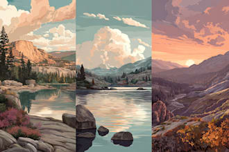 make vintage retro poster, vector art deco, landscape illustration