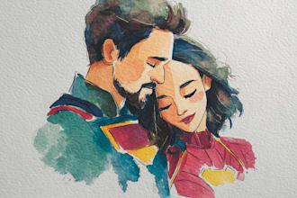 make watercolor super hero couple portrait art