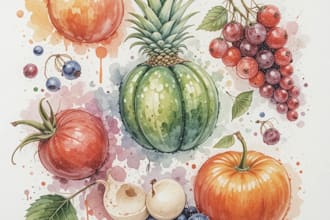 paint watercolor fruits, vegetables, berries in my own style