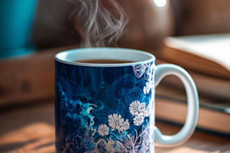 create a coffee mug design with images or typography