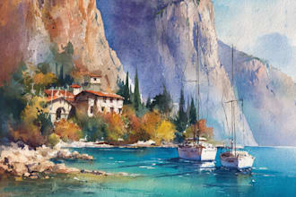 paint watercolor landscape with mountains,