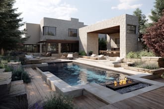 do modern landscape rendering, backyard, pool patio, garden,
