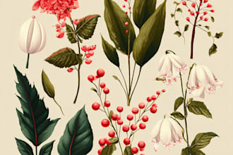 draw botanical illustrations of flowers, plants, fruits