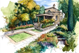 draw watercolor drawings of landscape designs or home gardens