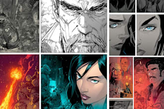 create sequential comic book illustration, book art, covers