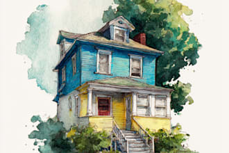 draw landscape or house into watercolor poster