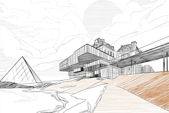 draw line art illustration building and landscape