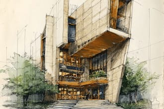 sketch architecture building with watercolor rendering
