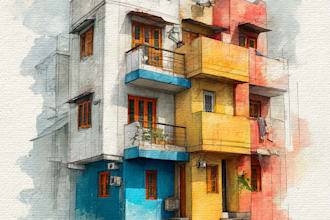 sketch architecture building with watercolor rendering