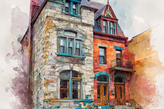 create house and building photo into watercolor art