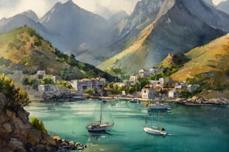 paint watercolor landscape with mountains, sea, yachts, houses