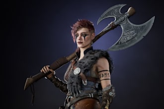 recreate3d game ready character, viking female warrior, realism xgen, battle axe