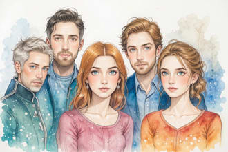 draw watercolor group portrait illustration