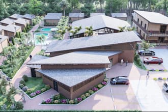 visualise to tourist resort,landscape design,3d map rendering,parking lot,skp 3d