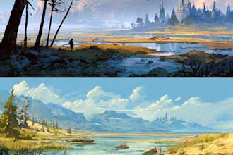 illustrate environments, landscapes, board game, concept art