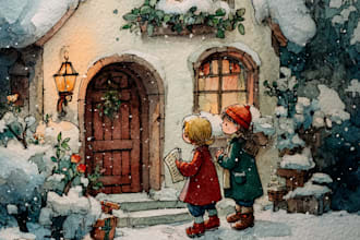 draw watercolor children book illustration, cover art, comic, christmas