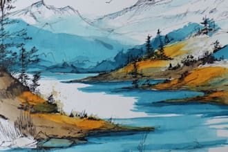 draw landscape sketch watercolor and ink