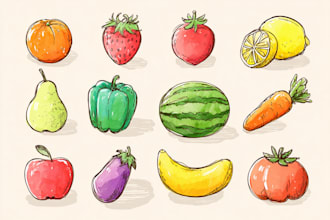draw a simple illustration set of fruit, vegetable