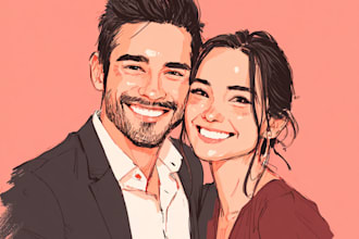illustrate a cute cartoon couple portrait