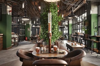 redesign restaurant interior, coffee, bar, furniture layout, lobby, vip lounge
