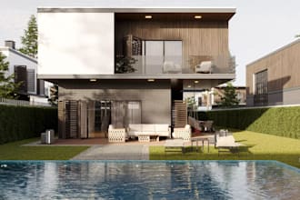 renovate villa exterior, front elevation, outdoor patio, pool shed, cgi interior