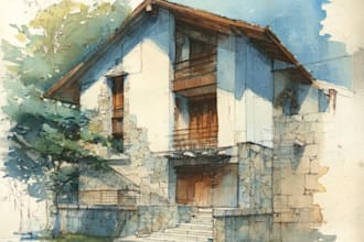 sketch and watercolor of house, building