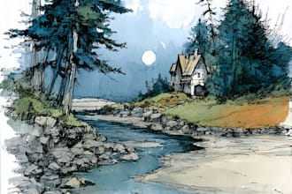 hand draw landscape sketch watercolor and ink