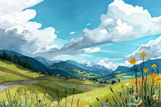 paint a watercolor and gouache landscape illustration