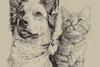 draw cat dog pet portrait in line art for napkins tshirt gift