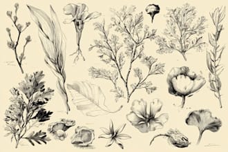 draw botanical plant and flower line art in illustrator