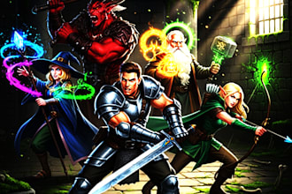 draw a dnd character art and dnd party illustration