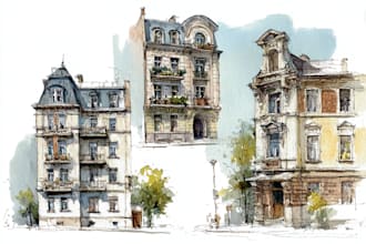 draw architectural sketches of exterior view of buildings
