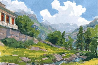 paint a watercolor and gouache landscape illustration