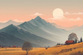 create a flat landscape illustrations in a unique style