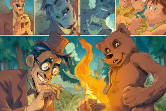 draw retro realistic comic book pages, film posters