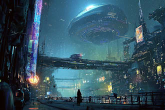 create a cyberpunk futuristic city illustration