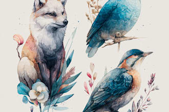 draw watercolor illustrations of animals, birds, and nature