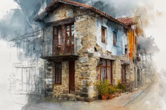 create house and building photo into watercolor art