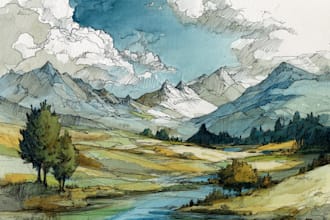 hand draw landscape sketch watercolor and ink