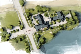 design landscape sketch, colored site plan, map illustration