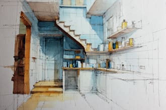 draw exterior interior sketches with architecture watercolor