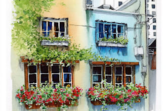 illustrate ink and watercolor urban scene postacards